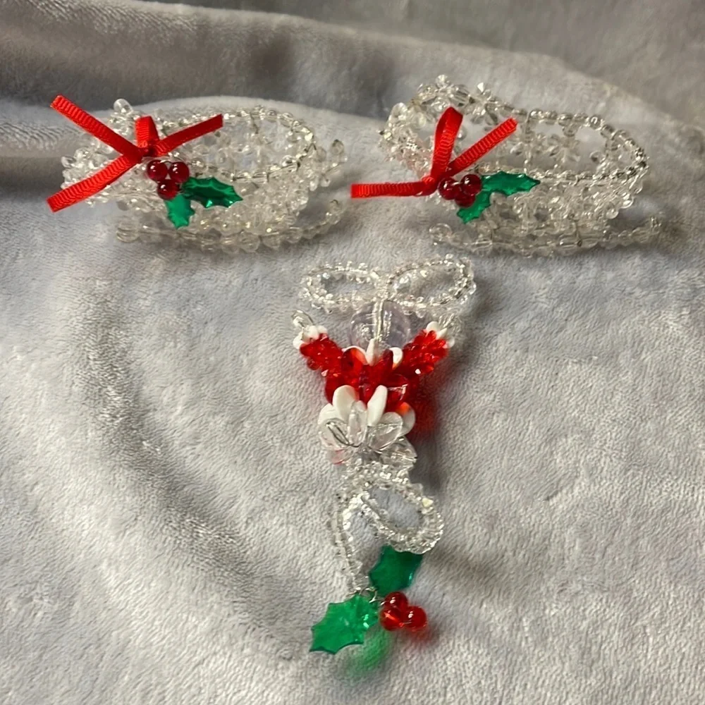Vintage Beaded Mouse and Two Sleighs Red/Green/ Sparkle w/Holly Accents